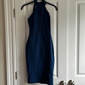 Midnight blue tight midi dress, sexy back, zipper, size: Small